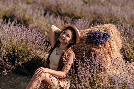 A young girl is sitting in a field of purple flowers, holding a purple flower in her hand. She is smiling and she is enjoying the moment. Concept of happiness and contentment.の写真素材