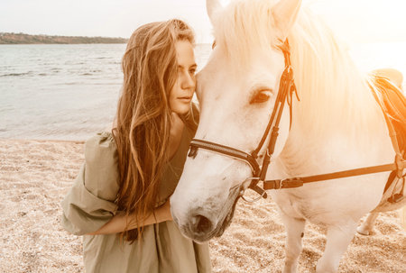 A woman in a dress stands next to a white horse on a beach, with the blue sky and sea in the background.の写真素材