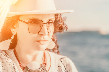 Portrait of a curly haired woman in a white hat and glasses on tの写真素材