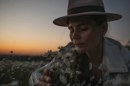 A woman wearing a hat is sitting in a field of flowers. She is holding a bunch of flowers and she is enjoying the moment. The scene has a peaceful and serene atmosphere.の写真素材