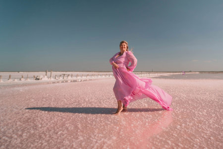 Woman Pink Dress Salt Lake - A woman in a pink dress stands on the pink salt flats, enjoying the beautiful scenery.の写真素材