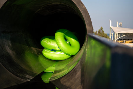 Green Inflatable Rings Water Slide Park Funの写真素材