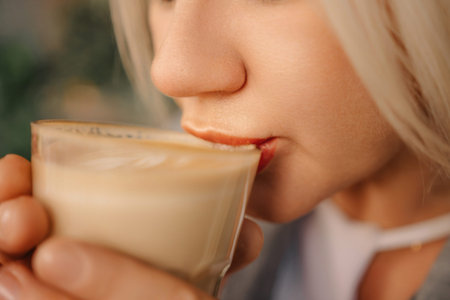 A blonde woman is drinking coffee from a glass. She is smiling and she is enjoying her drink.の写真素材
