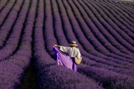 A woman is walking through a field of purple flowersの写真素材