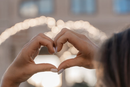 Heart Hands Woman Love Sign City Lightsの写真素材