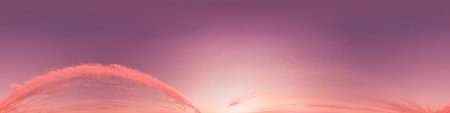 Sunset sky with bright glowing pink Cirrus clouds. Seamless spherical HDR 360 panorama. Full zenith...