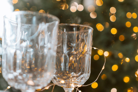 Champagne glasses, New Year decor. New Years festive setting, family holidays.Two glasses of champagne are on the table against the background of New Years decorated tree.の写真素材