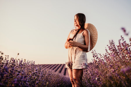 A woman is walking through a field of purple flowers with a straw hat onの写真素材