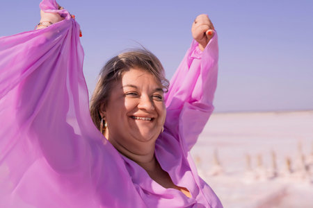 Woman Pink Dress Salt Flats Joyful Expression Smiling Outdoor