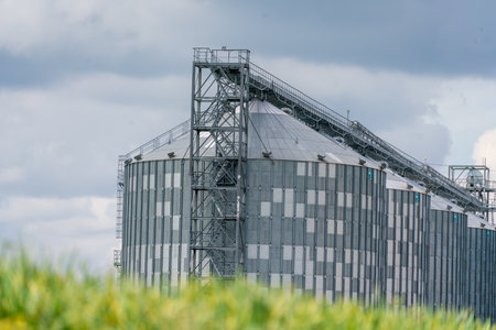 Granary elevator, silver silos on agro manufacturing plant for processing drying cleaning and storage of agricultural products, flour, cereals and grain. A field of green wheat.の写真素材