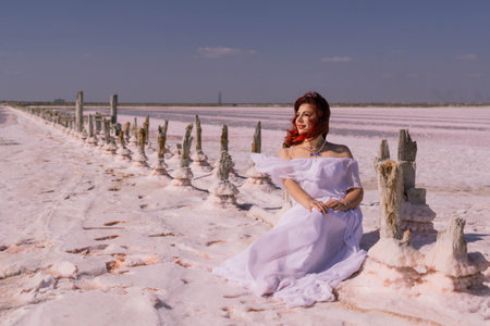 Woman Salt Flats Pink White Dress Relaxingの写真素材