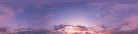 Sunset sky panorama with bright glowing pink Cumulus clouds. HDR 360 seamless spherical panorama....