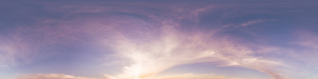 360 panorama of glowing sunset sky with bright pink Cumulus clouds. HDR 360 seamless spherical panorama. Full zenith or sky dome sky replacement for aerial drone panoramas. Climate and weather change.の写真素材