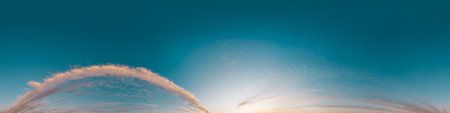 Sunset sky with bright glowing pink Cirrus clouds. Seamless spherical HDR 360 panorama. Full zenith...