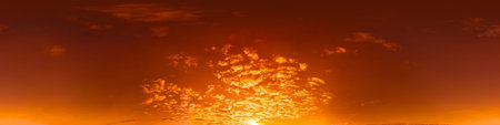 Golden glowing red orange overcast sunset sky 360 hdr panorama. Seamless spherical equirectangular...