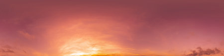 360 panorama of glowing sunset sky with bright pink Cirrus clouds. HDR 360 seamless spherical panorama. Full zenith or sky dome sky replacement for aerial drone panoramas. Climate and weather change.の写真素材