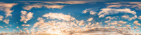 Sunset sky with bright glowing pink Cumulus clouds. Seamless spherical HDR 360 panorama. Full zenith...