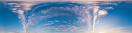 Sunset sky with bright glowing pink Cirrus clouds. Seamless spherical HDR 360 panorama. Full zenith...