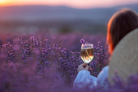 Heres a title attempting to follow all instructions: Lavender Fields Provence Woman Wine: Sunset relaxation in Provences lavender fields; woman enjoys wine.の写真素材