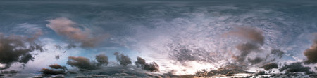360 panorama of glowing sunset sky with bright pink Cumulus clouds. HDR 360 seamless spherical...