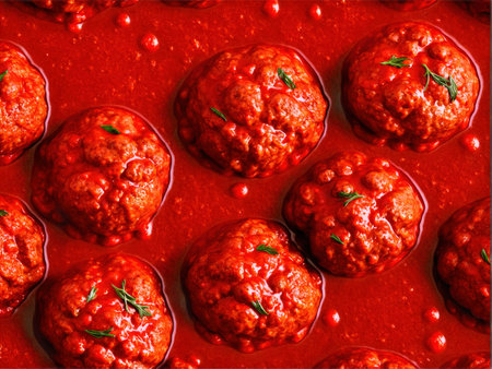Flavorful meatballs in rich tomato sauce, plump and juicy, vibrant red gravy, rustic Italian style, hero close-up, appetizing glistenの素材