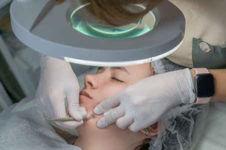 Dermaplaning,Facial Treatment,Clinic: Professional skin exfoliation procedure using a scalpel,...