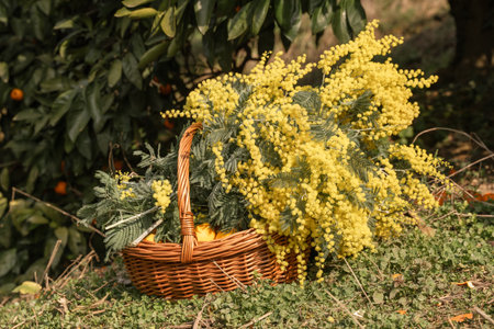 Mimosa Basket Oranges Harvesting: Springtime citrus orchard, gathering yellow flowers, wicker basket.の写真素材