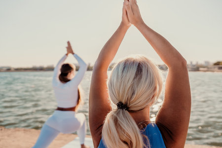 Yoga Beach Pose Women Outdoor Exerciseの写真素材