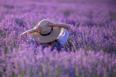A woman is sitting in a field of lavender flowers. She is wearing a straw hat and she is enjoying the peaceful surroundings.の写真素材