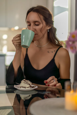 Woman Coffee Breakfast Enjoying Home Morning Calm Relaxationの写真素材