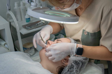 Dermaplaning Facial Treatment Clinic Skincare: Professional Dermaplaning Procedure, Woman Receiving...