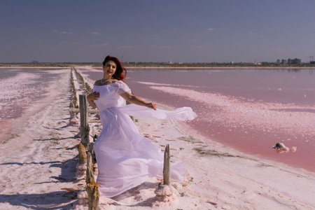 Bride, Pink Lake, Wedding Photography: Woman in white dress posing on a wooden fence overlooking a pink salt lake.の写真素材