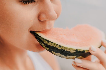 A woman is eating a watermelon slice. The watermelon is pink and green. The woman is smiling as she eats the fruit.の写真素材