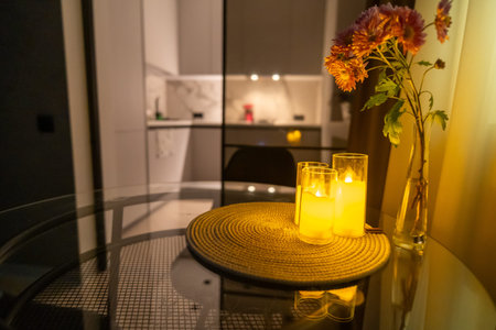 Candles, Apartment, Evening: Cozy Dinner Table Setting, Illuminated Kitchen Background