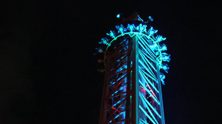 Tower, Night, Illumination: Amusement Park Ride, Light Show, Nighttime Attractionの写真素材