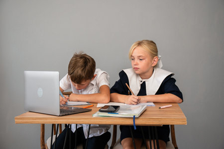 Children School Homework Laptop - Two students are seated at a desk doing their homework. One is...