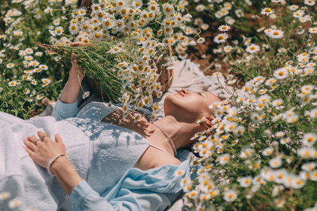 Daisies Woman Summer: Lady relaxes in daisy field during summer, holding basket of flowers for enjoyment.の写真素材