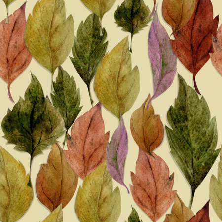 Watercolor hand drawn seamless pattern with autumn branches and leaves. isolated on white...