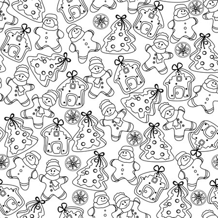 Vector hand drawn seamless pattern. Christmas, winter doodle elements. Isolated on white background. Trees, wreaths, presents, sweets, gingerbread. For background, print, textile, fabrics, gift bagsのイラスト素材