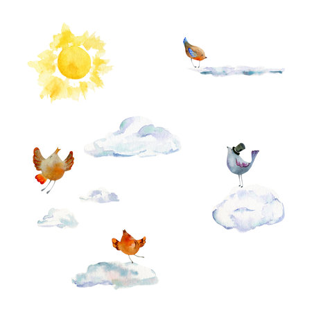 Watercolor hand drawn sun, clouds and birds, isolated on white background. Design template for cards, gift bags, invitations, textile, print, wallpaper, for childrenの写真素材
