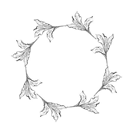 Hand drawn vector circle frame wreath arrangement with peony flowers, buds and leaves. Isolated on white background. Design for invitations, wedding or greeting cards, wallpaper, print, textileのイラスト素材