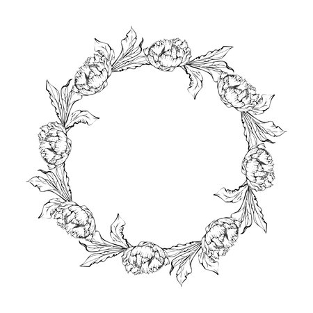 Hand drawn vector circle frame wreath arrangement with peony flowers, buds and leaves. Isolated on white background. Design for invitations, wedding or greeting cards, wallpaper, print, textileのイラスト素材