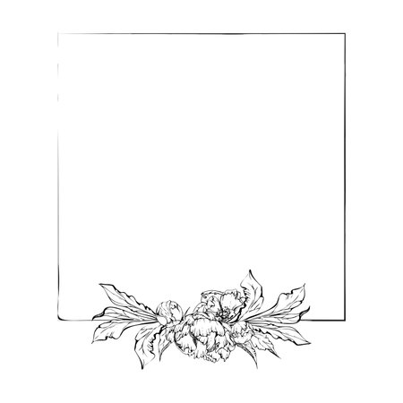 Hand drawn vector square frame wreath arrangement with peony flowers, buds and leaves. Isolated on white background. Design for invitations, wedding or greeting cards, wallpaper, print, textileのイラスト素材