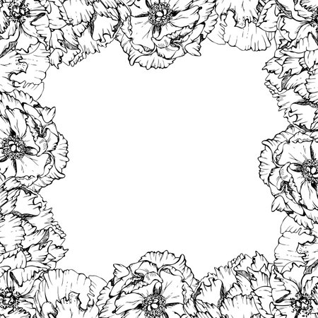 Hand drawn vector square frame wreath arrangement with peony flowers, buds and leaves. Isolated on white background. Design for invitations, wedding or greeting cards, wallpaper, print, textileのイラスト素材