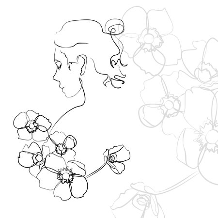 One line hand drawn vector art with beautiful woman face and flowers in elegant curve. Black isolated on white background. Modern simplistic design for fashion, wall art, print, tattoo, cover, card.のイラスト素材
