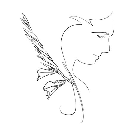One line hand drawn vector art with beautiful woman face and flowers in elegant curve. Black isolated on white background. Modern simplistic design for fashion, wall art, print, tattoo, cover, card.のイラスト素材