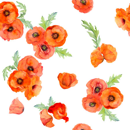 Watercolor seamless pattern with hand drawn summer bright red poppy flowers. Isolated on white background. Design for invitations, wedding, love or greeting cards, paper, print, textileの写真素材