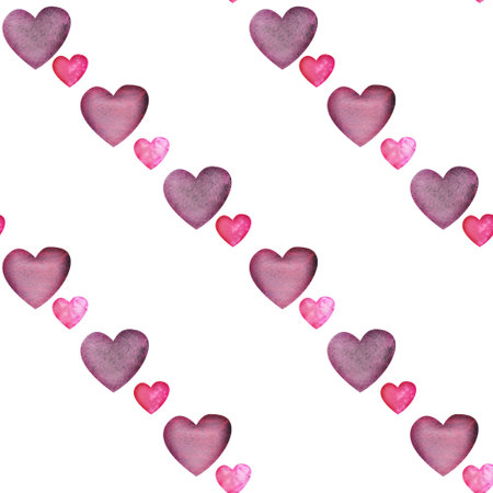 Watercolor hand drawn seamless pattern of red and purple hearts for Valentines day. Isolated on white background. Design for paper, love, greeting cards, textile, print, wallpaper, weddingの写真素材