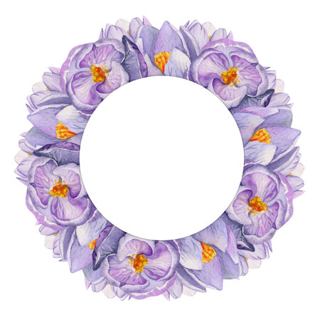Watercolor hand drawn circle wreath with spring flowers, daffodils, crocus, snowdrops, leaves. Isolated on white background. Design for invitations, wedding, greeting cards, wallpaper, print, textile.の写真素材