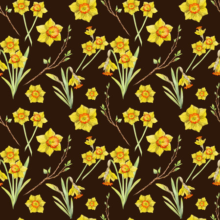 Watercolor hand drawn seamless pattern with spring flowers, daffodils, leaves, stems, branches. Isolated on white background Design for invitations, wedding, greeting cards, wallpaper, print, textile.の写真素材